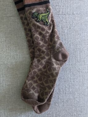 Brown Men's Patterned Crew Socks with Dino Patch